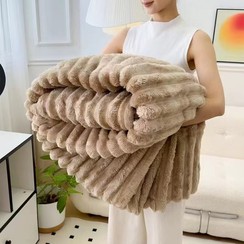 

Double- Rabbit Fur Blanket, Striped Blanket, And Sheepskin Blanket For Nap, , Camping, Sofa. , 350-400g Polyester, - Bed , No , Fleece, Bedding, Christmas