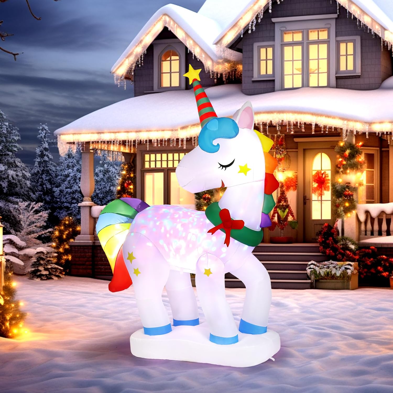 TEMU 5.8ft/6.5ft Tall Christmas Unicorn Inflatable Cute Santa Claus, Blow Up Yard Decorations With Secure Stakes Storage Bag, Electric Blower Fan For