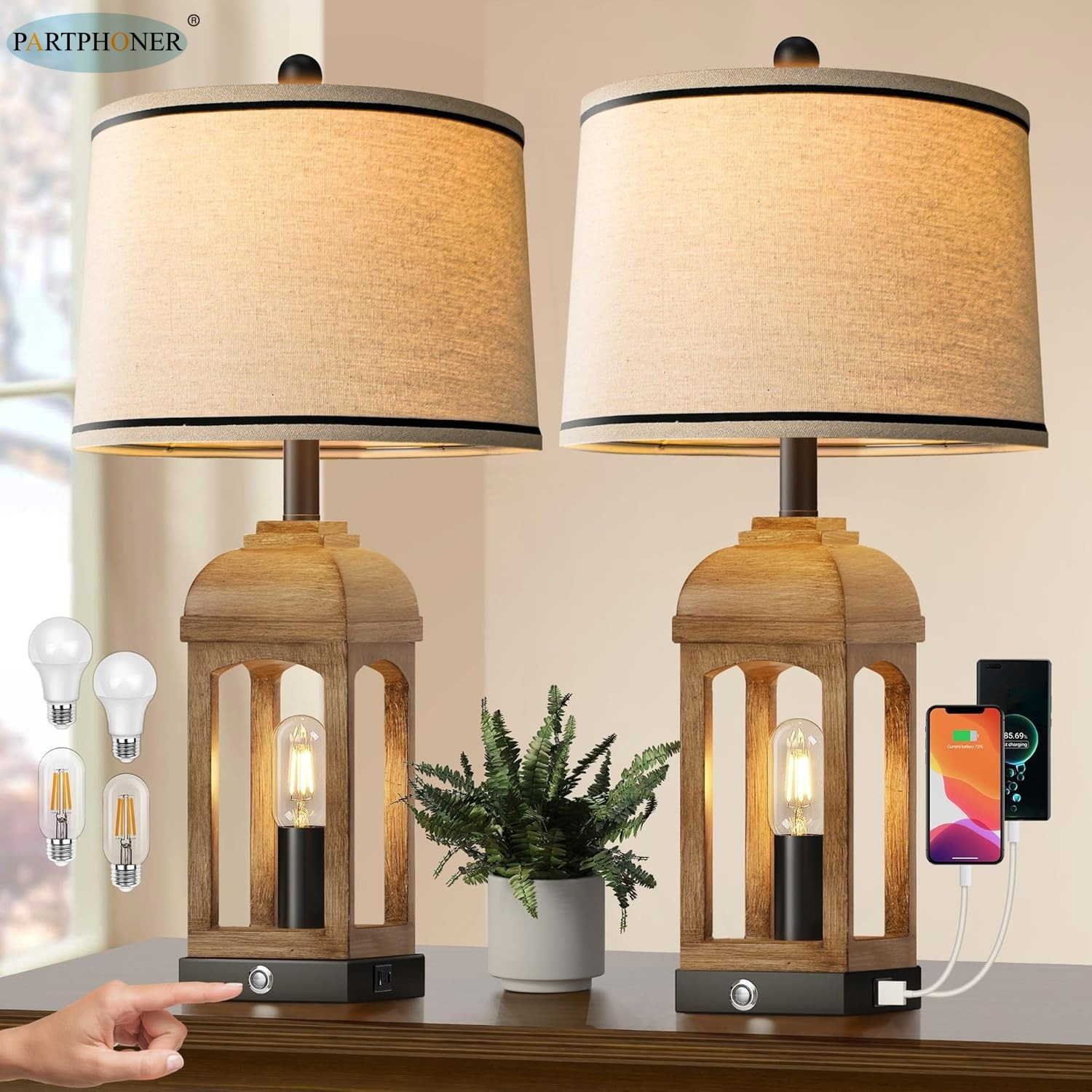 

Partphoner Able Lamp For Living Room, Farmhouse Lamps Set Of 2 With Usb A+c And Nightlight, 26" Rustic Bedside Lamps With 3-way Dimmable , Nightstand Lamp For Bedroom Decor Suitable For Christmas