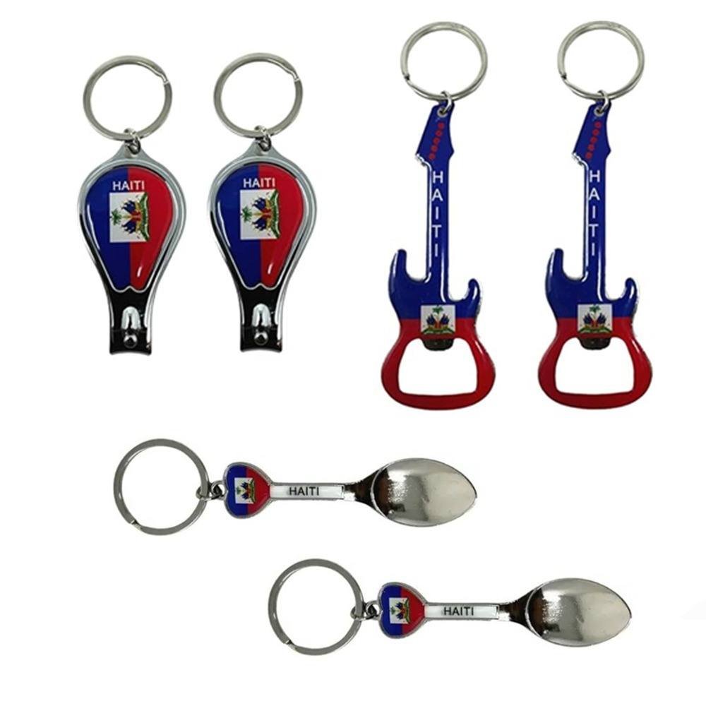 

6 Pack Country Metal Keychain, 6 Bottle , Nail Clipper, Guitar, Spoon Souvenir Keychains, Bulk, Set Of 6