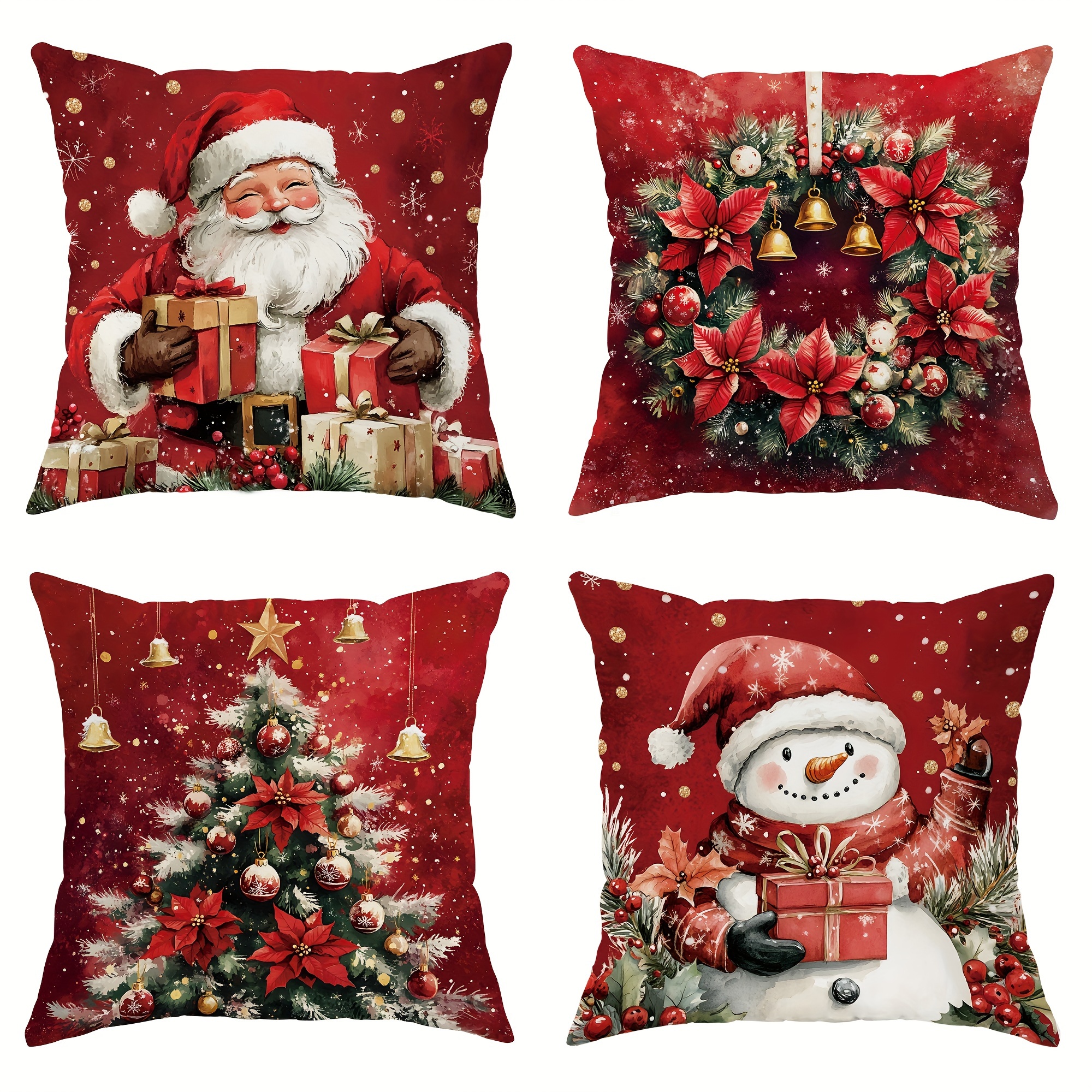 

Set Of 4 Christmas - , Snowman And And Red And And Decorative Cushion 18x18