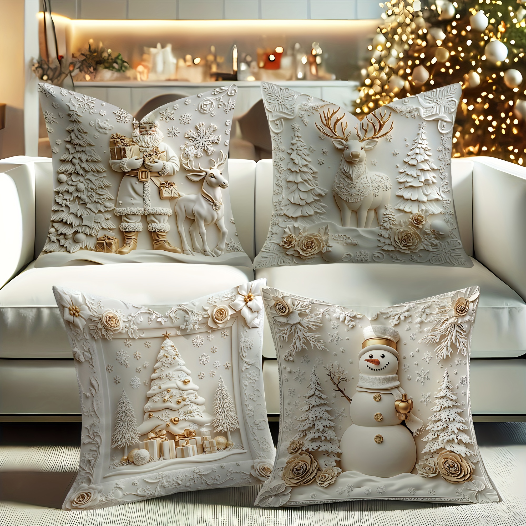 

4 Christmas Ornaments Snowman Fun Gold Decorative 18 X Suitable For Christmas Sofa Bed Decoration Inserts