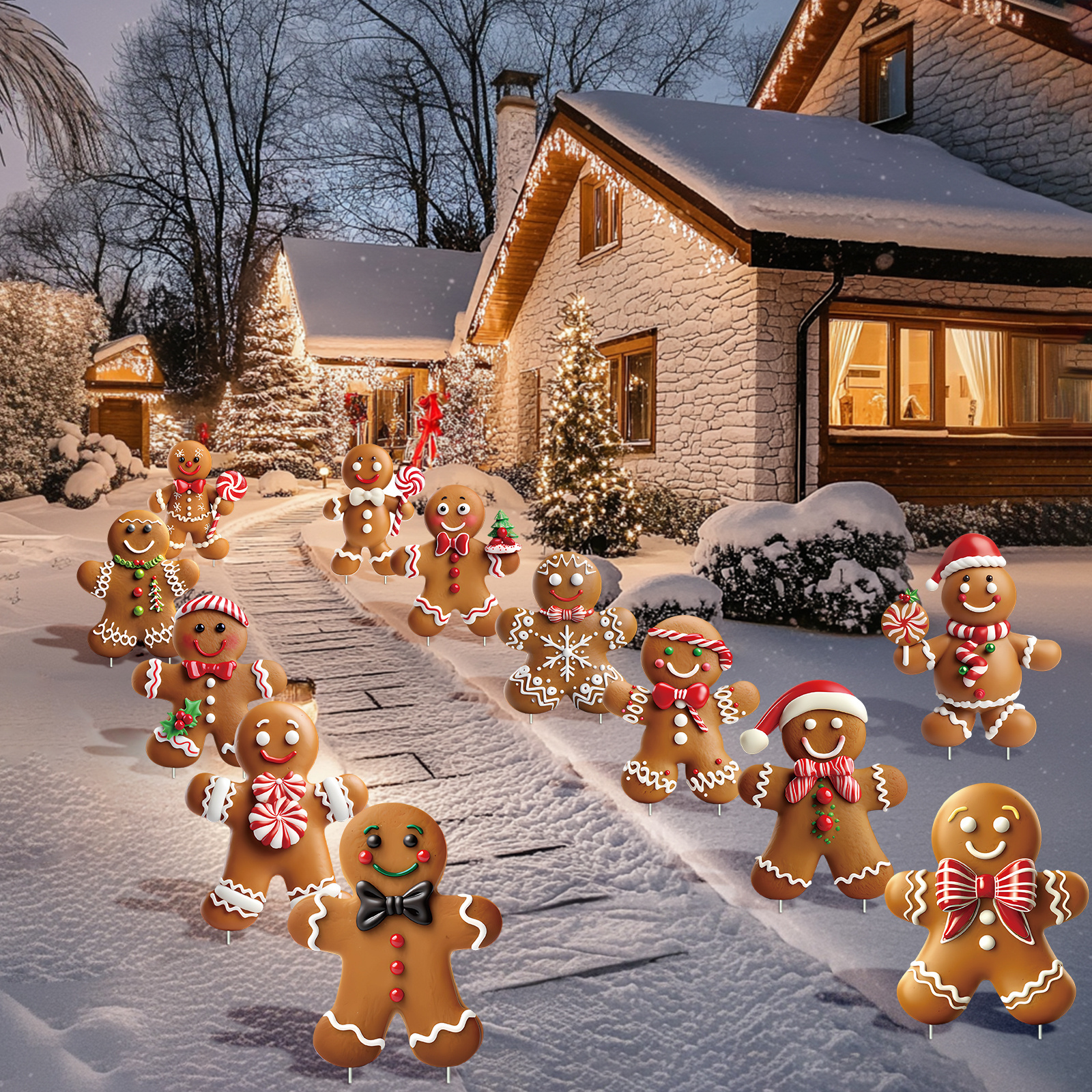 

12 Pcs Christmas Gingerbread Man Yard Signs With Stakes - Gingerbread Yard Stakes Lawn Signs For Christmas Holiday Pathway Garden Favors