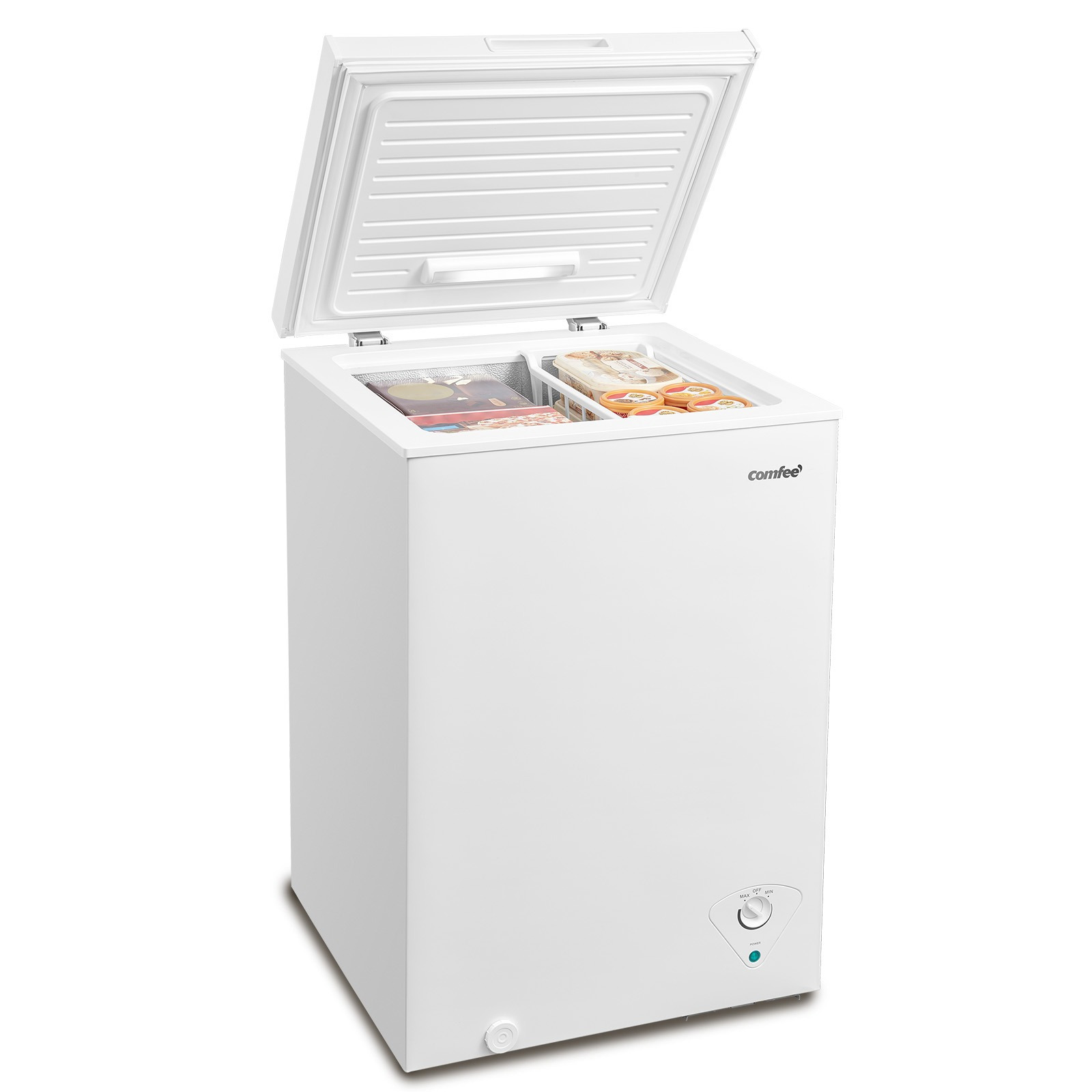 

' 3.5 Cu.ft Chest Freezer, Adjustable Temperature Control With Removable Basket, Led Light, Deep Compact Freezer For Office, Home, Basement, Kitchen, White