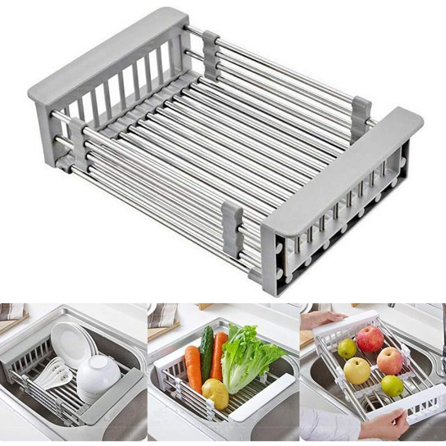 TEMU Stainless Steel Kitchen Drying Rack, Adjustable Retractable Drain Basket With Adjustable Armrest, Over The Sink Dish Drying Rack