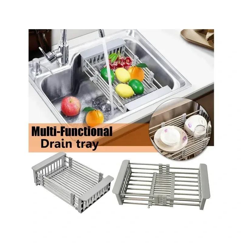 

Space-saving Over-the-sink Dish Rack With Adjustable Stainless Steel Drain Basket – Portable And Telescopic Design For Drying Fruits And Vegetables