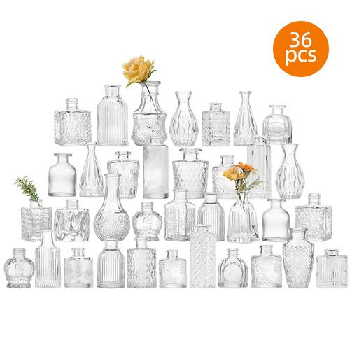 36 glass bud vase set small vases for flowers clear bud vases for centerpieces mini flower vases in bulk for rustic wedding decorations vintage look home table decor for valentines decorations and gift