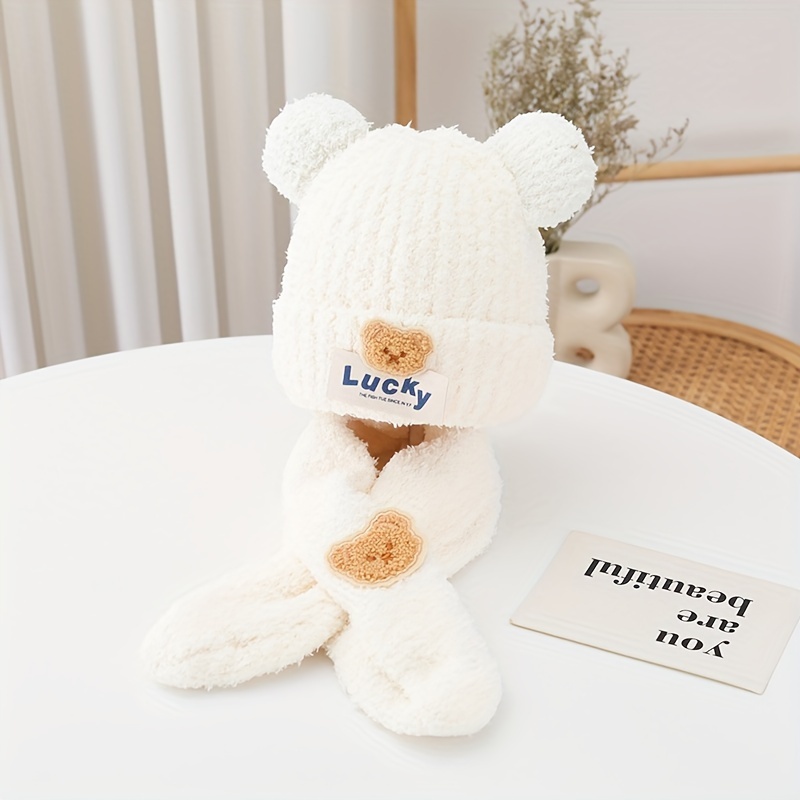

Comfortable Children's Bear Pattern Knitted Hat And Scarf Set - Warm , Boys And Girls, Fall And Winter