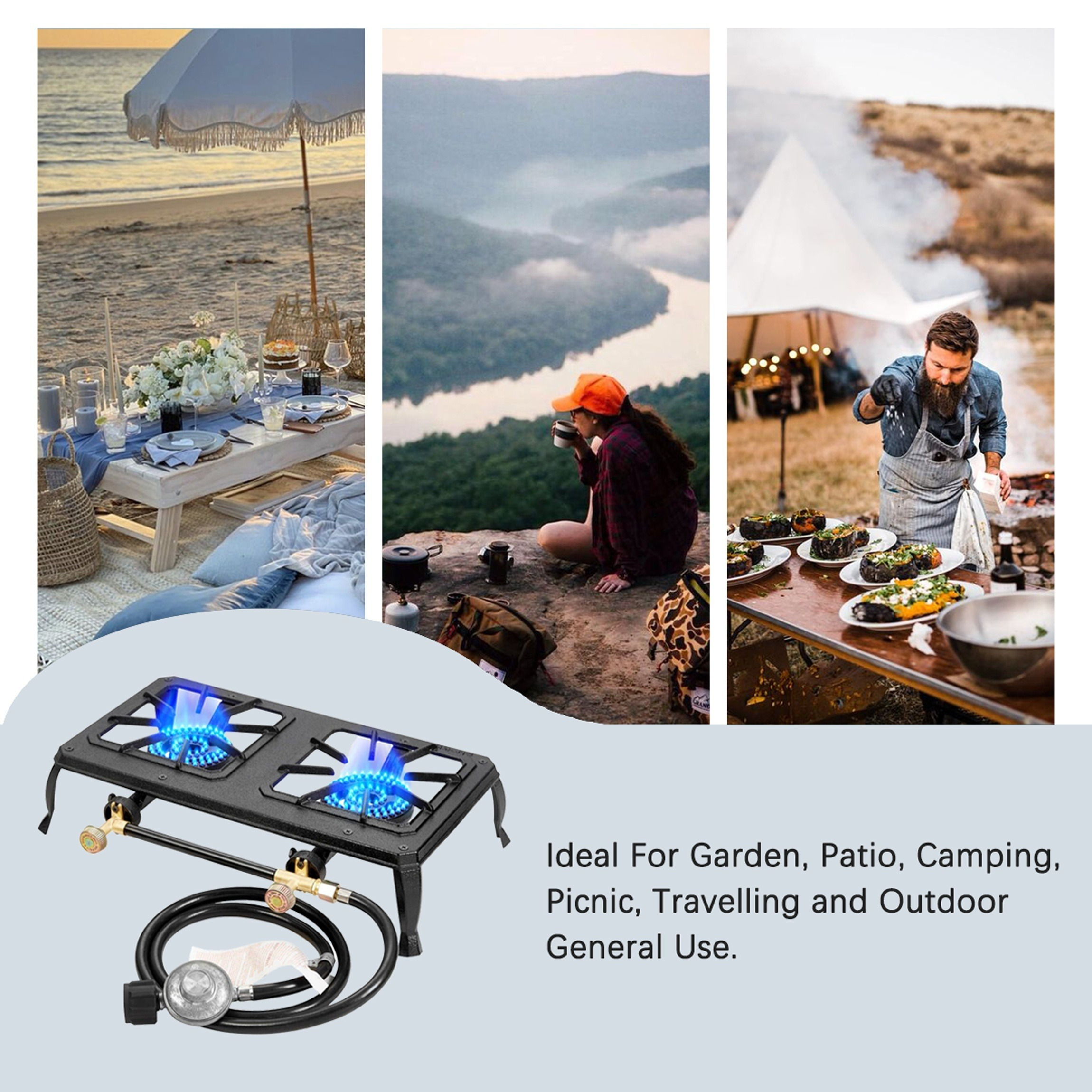 Vivicreate Double Burner Propane Stove – Portable Outdoor Gas Cooker with CSA Certified Regulator & Hose for Camping Gear, BBQ Grill, Tactical Cooking, Home Brewing & Turkey Fry – Survival Kit Essential