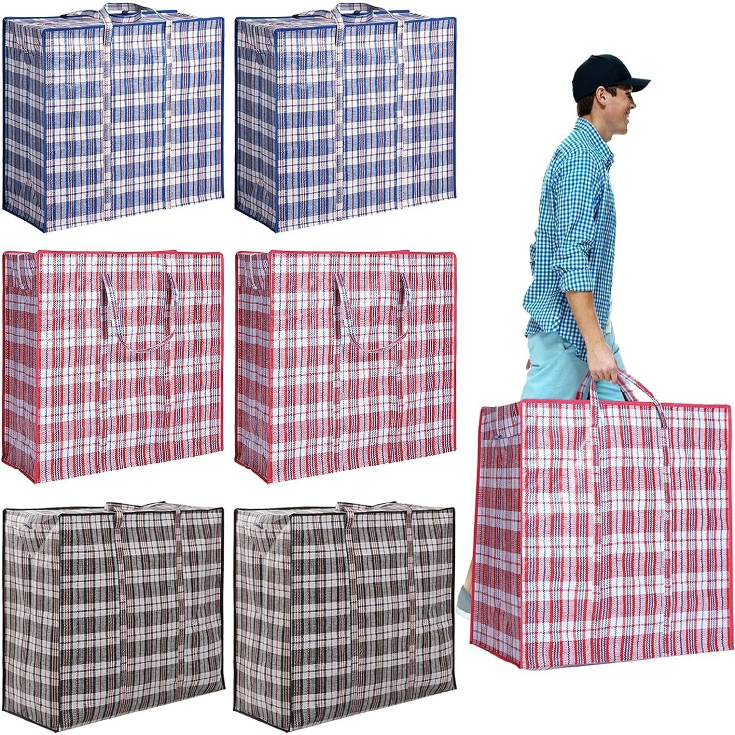 

6 Pack 158l Checkered , Heavy Duty Storage With Zipper And Handle, Extra Large Laundry Bag For Clothes Bedding Comforter Blanket Organizer Dorm