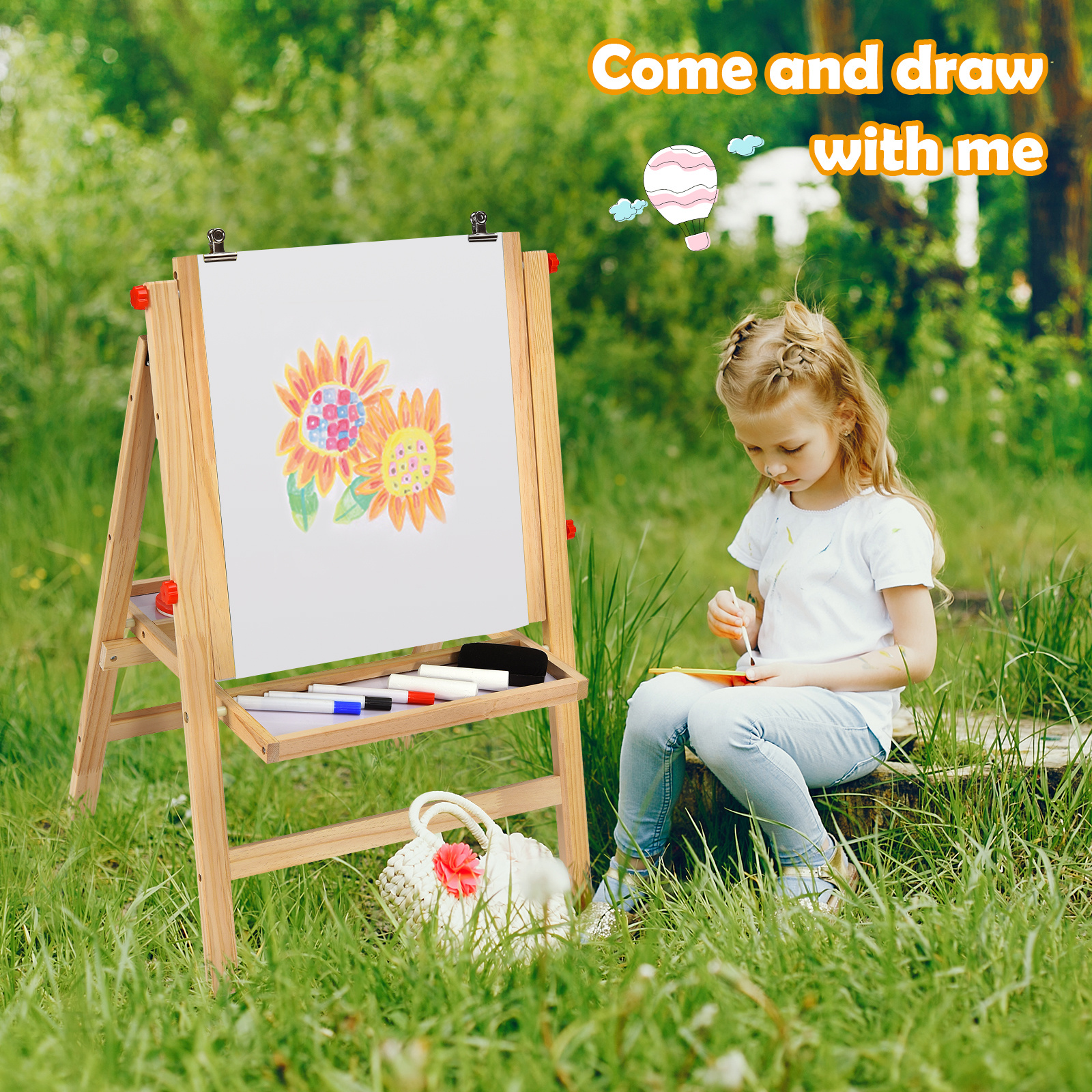 COSTWAY 3-In-1 Foldable Kids Easel, Height Adjustable Wooden Art Easel Suitable for Kids Over 3 Years Old, Includes Eraser, 3 No-Drop Paint Cups, 2 Chalks, 3 Whiteboard Pens, Paper Roll, Double Boards & Storage Tray