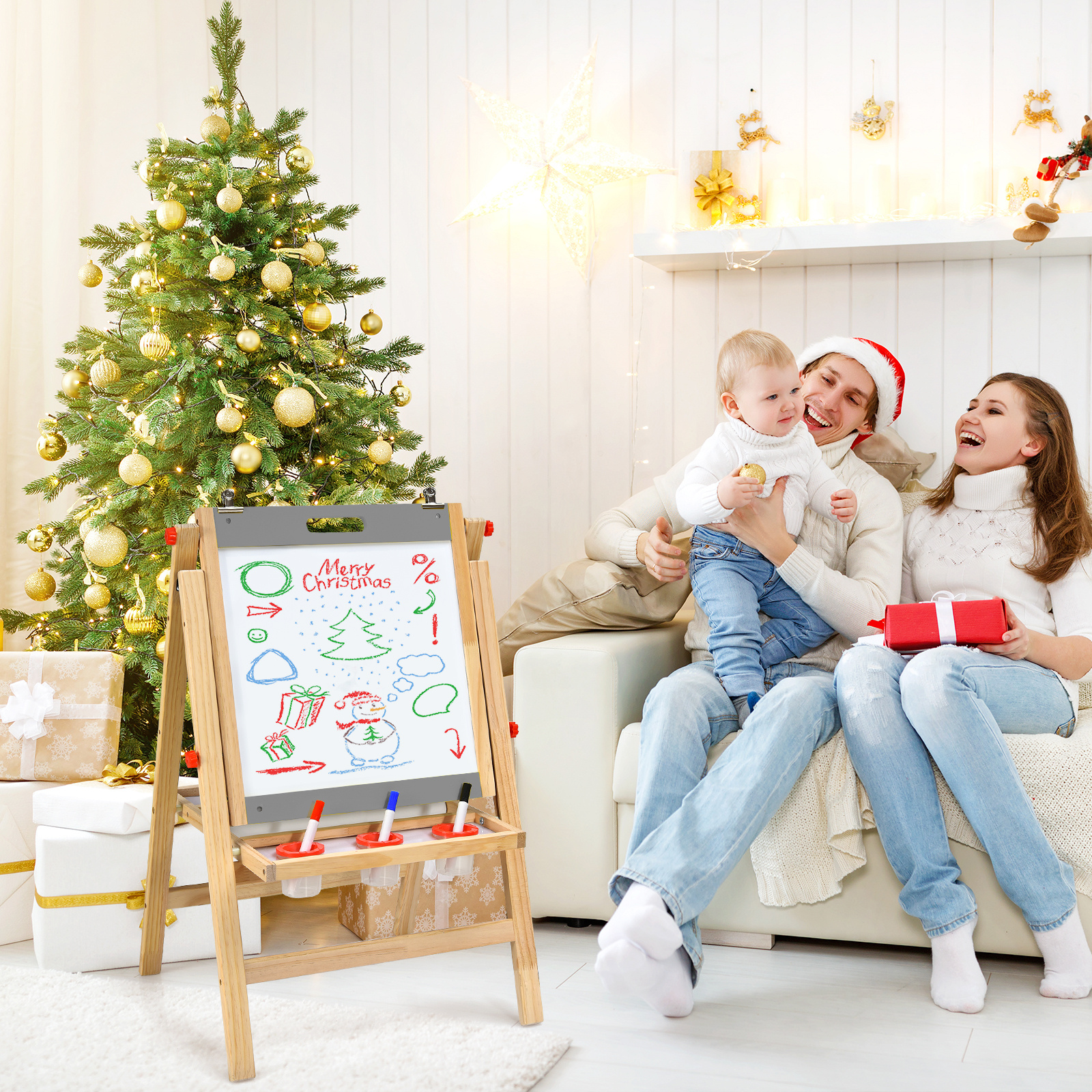 COSTWAY 3-In-1 Foldable Kids Easel, Height Adjustable Wooden Art Easel Suitable for Kids Over 3 Years Old, Includes Eraser, 3 No-Drop Paint Cups, 2 Chalks, 3 Whiteboard Pens, Paper Roll, Double Boards & Storage Tray