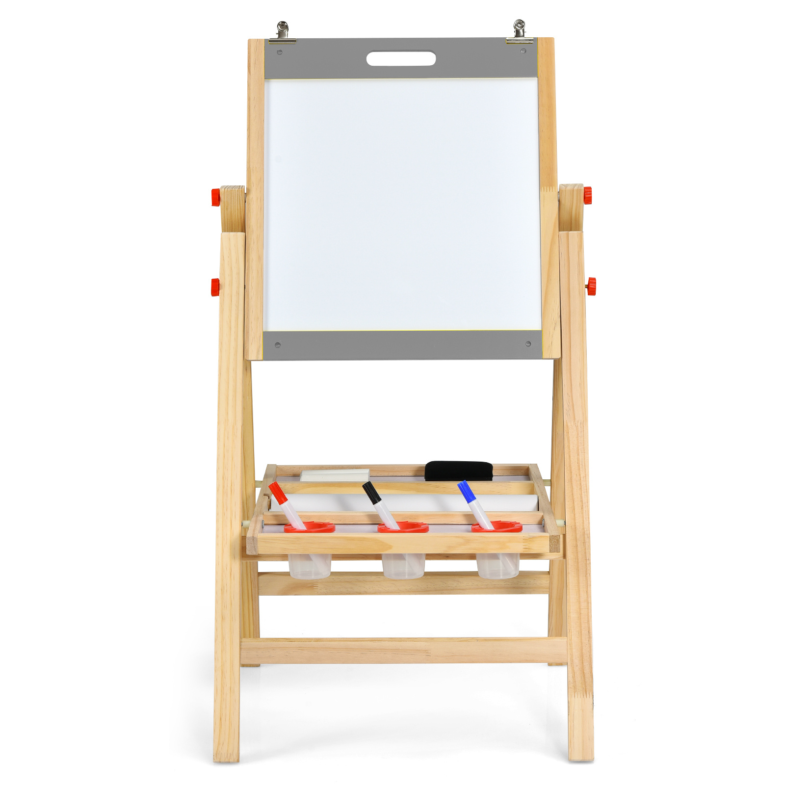 COSTWAY 3-In-1 Foldable Kids Easel, Height Adjustable Wooden Art Easel Suitable for Kids Over 3 Years Old, Includes Eraser, 3 No-Drop Paint Cups, 2 Chalks, 3 Whiteboard Pens, Paper Roll, Double Boards & Storage Tray