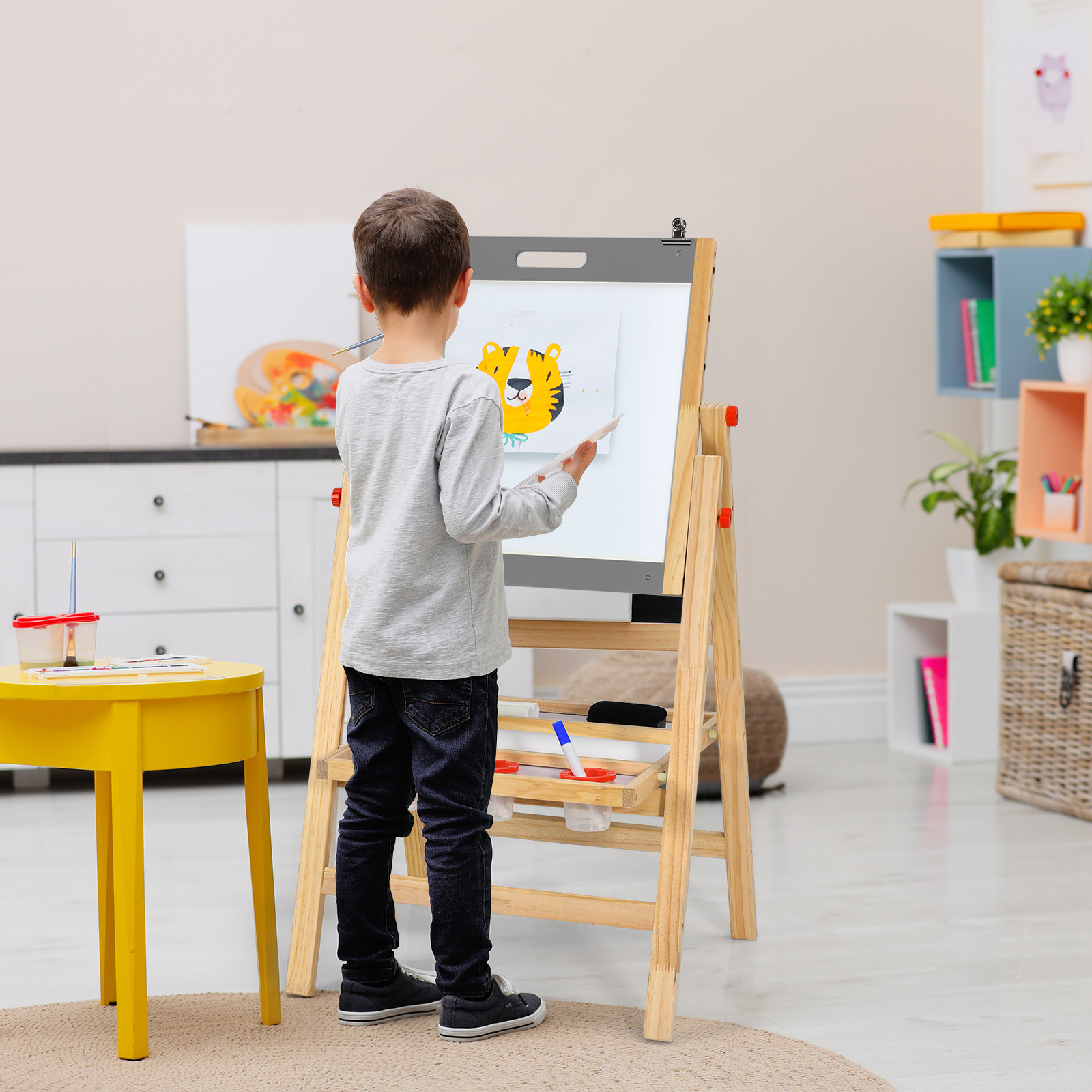 COSTWAY 3-In-1 Foldable Kids Easel, Height Adjustable Wooden Art Easel Suitable for Kids Over 3 Years Old, Includes Eraser, 3 No-Drop Paint Cups, 2 Chalks, 3 Whiteboard Pens, Paper Roll, Double Boards & Storage Tray
