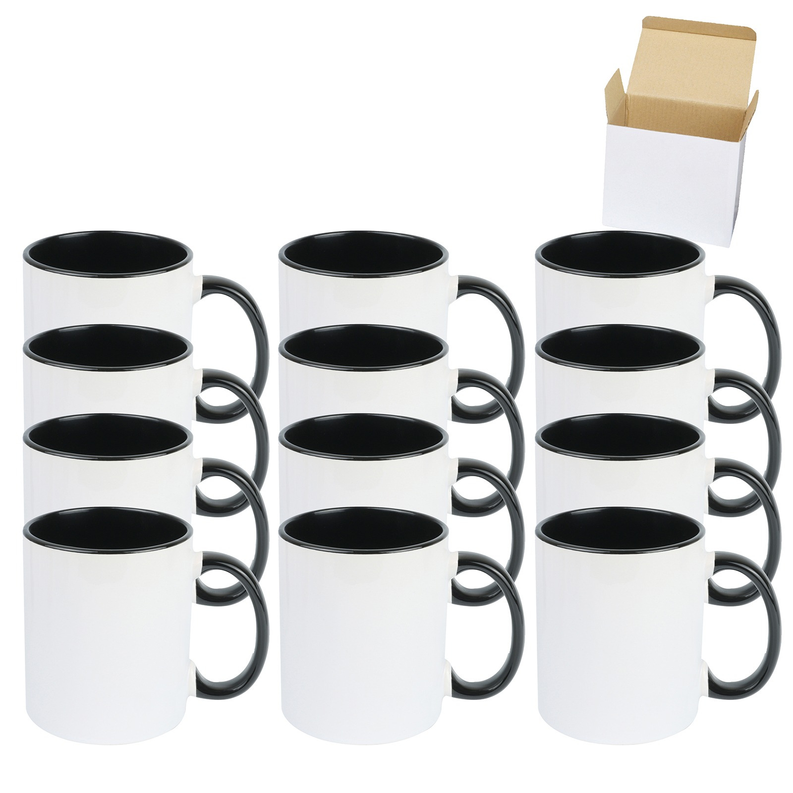 Pack Of 12 Black Sublimation Mugs - 11 Oz Ceramic, Colored Interior & Handle, With Gift Boxes