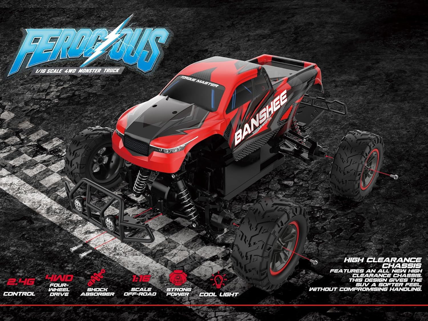 1/16 Ferocious RC Off-Road Truggy with metal spur gear, Radio Remote Control Racing Speed 30kmph 4x4 Sports Car, 12” Large All Terrain LED Vehicle