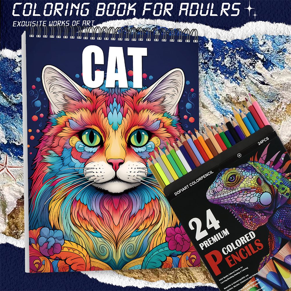 

Cat Themed Coloring Book - 1 Plus Colored Pencils Set Beautiful Design - Ideal Christmas Or Birthday Gift, 11.2x8.3 Inches