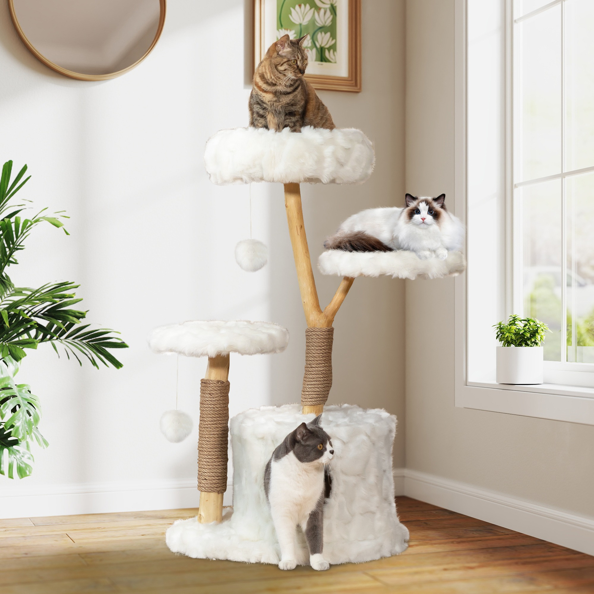 

Tree Tower, Solid Wood Aesthetic Cat Tree For Indoor Cats With Bed, Side Perch, Cat Condo, Scratching Posts, Cute Cat Tree For Large Cats, White