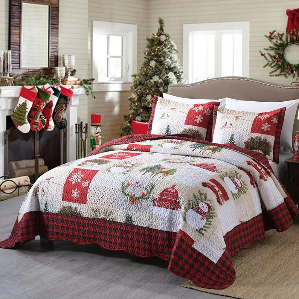 

3 Pcs Christmas Bedspread Set Snowman Set Set