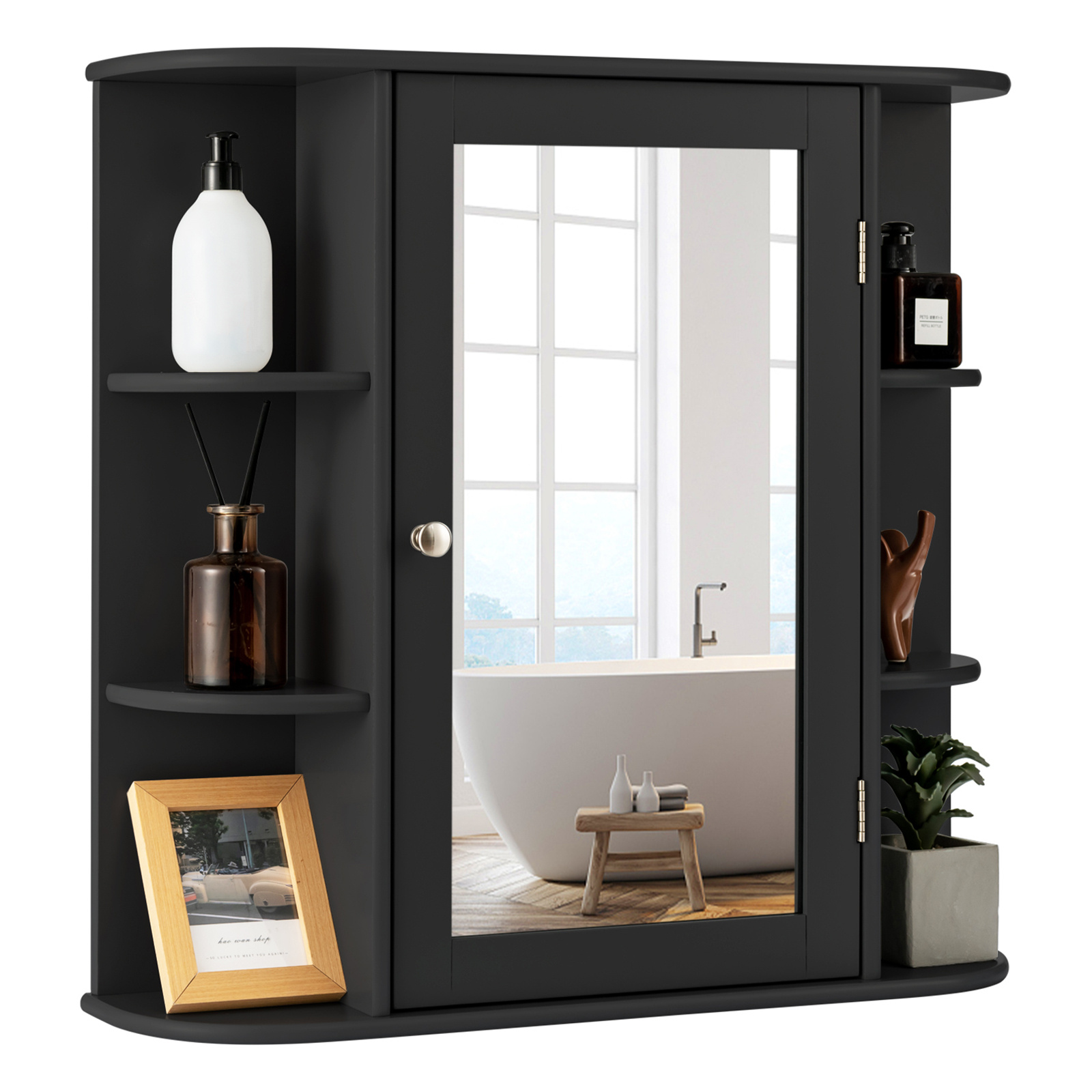 COSTWAY Wall-Mounted Medicine Cabinet with Mirror - Adjustable Shelves & Open Storage Organizer