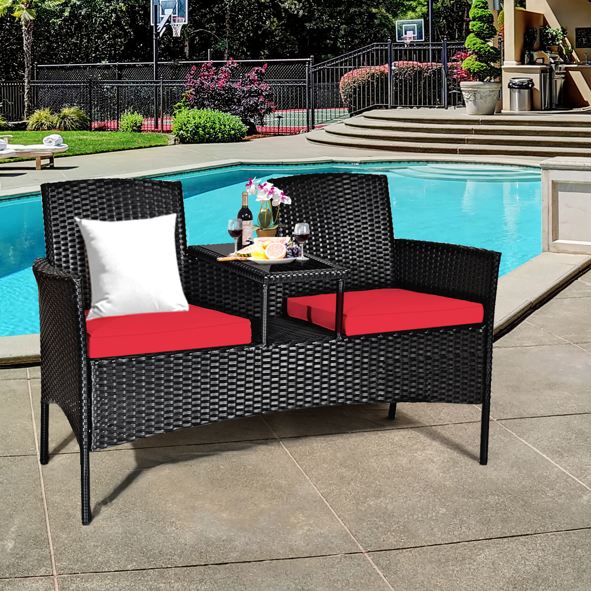 COSTWAY Patio Rattan Conversation Set Seat Sofa Cushioned Loveseat Chairs Turquoise/Red/White