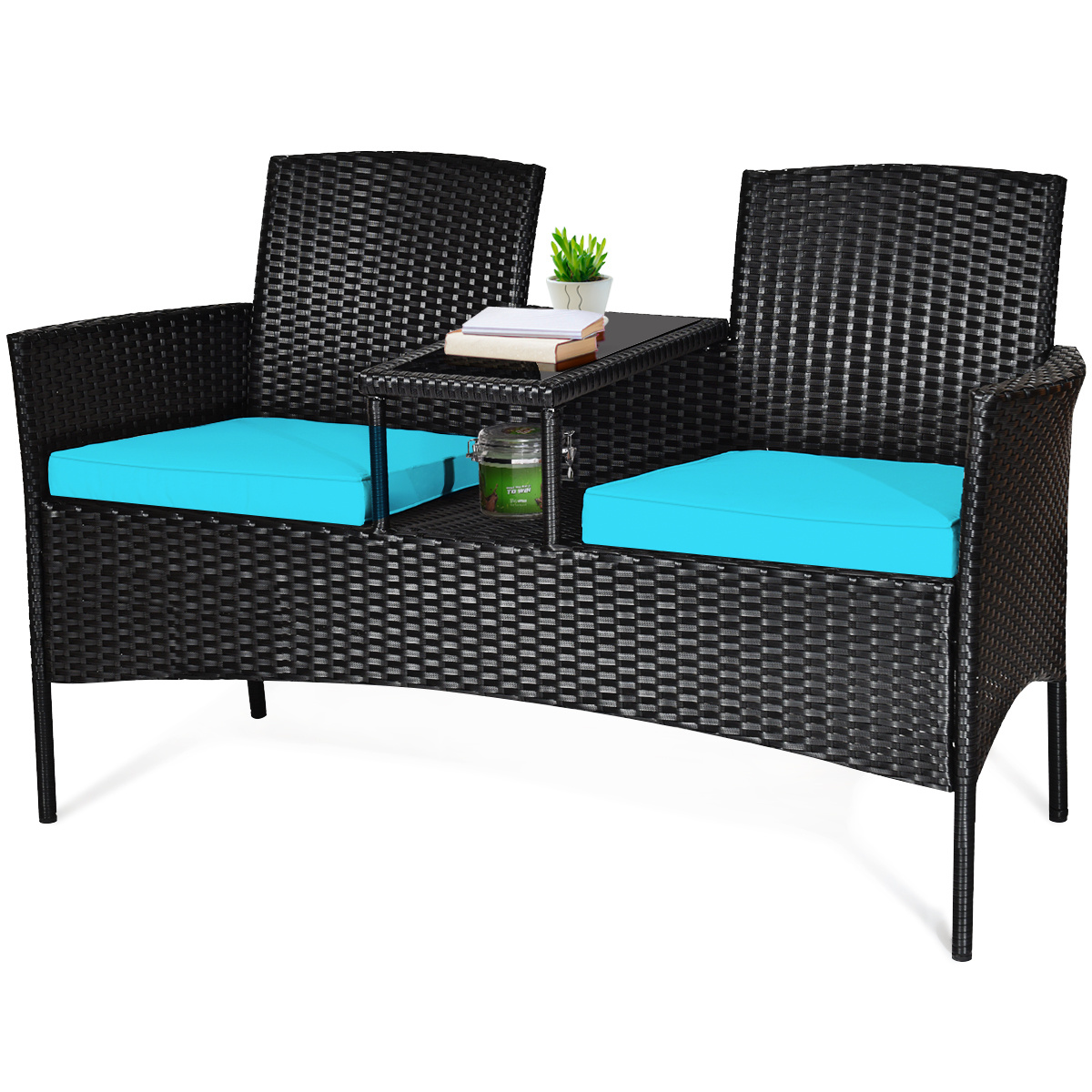 COSTWAY Patio Rattan Conversation Set Seat Sofa Cushioned Loveseat Chairs Turquoise/Red/White