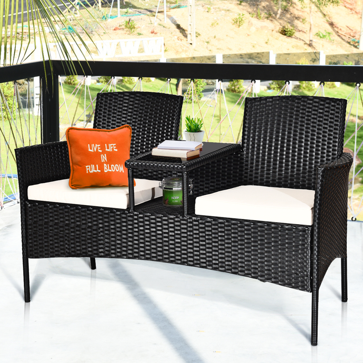 COSTWAY Patio Rattan Conversation Set Seat Sofa Cushioned Loveseat Chairs Turquoise/Red/White