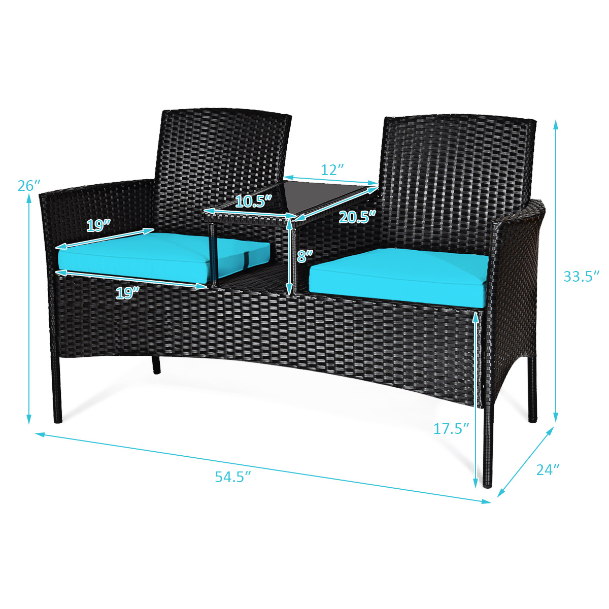 COSTWAY Patio Rattan Conversation Set Seat Sofa Cushioned Loveseat Chairs Turquoise/Red/White