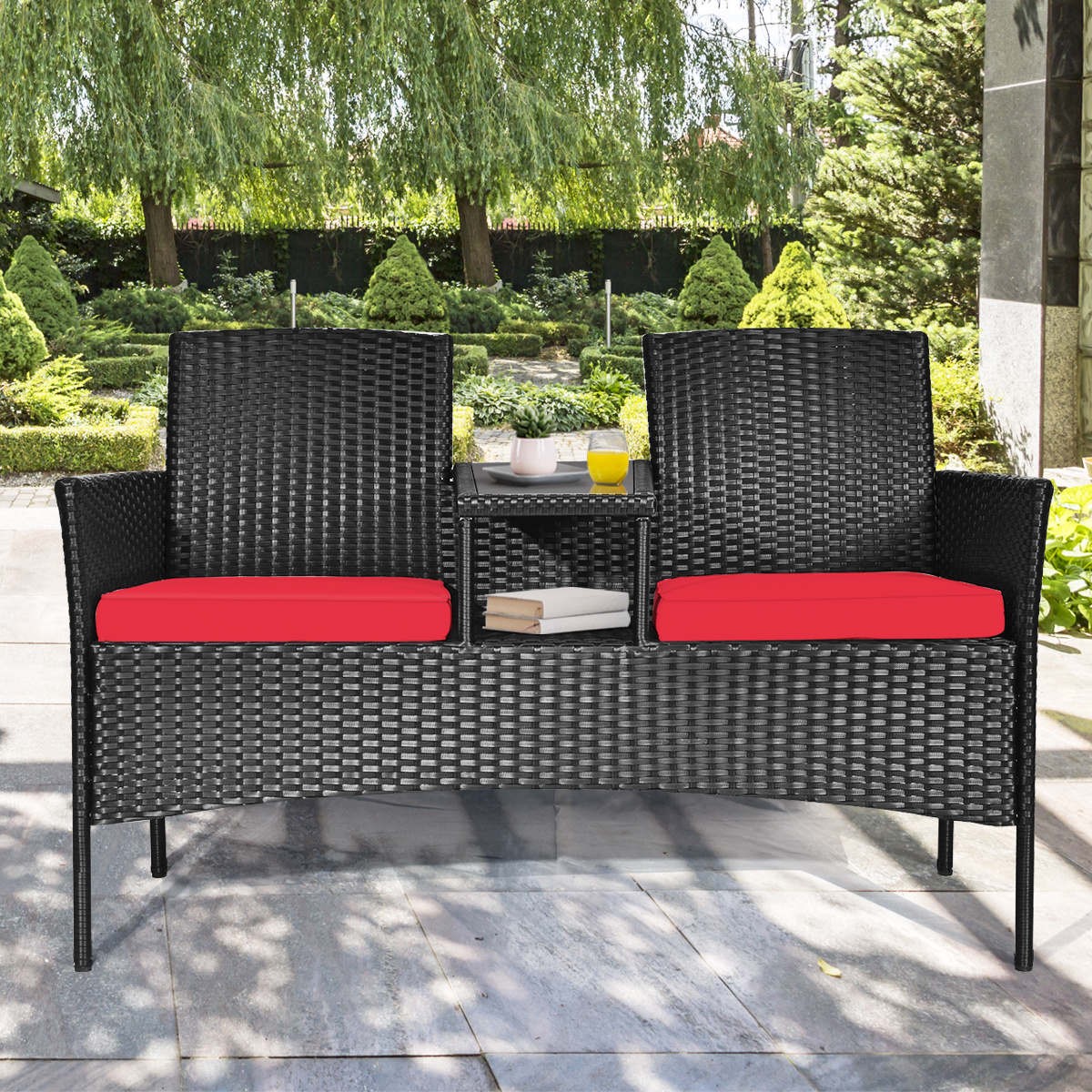 COSTWAY Patio Rattan Conversation Set Seat Sofa Cushioned Loveseat Chairs Turquoise/Red/White
