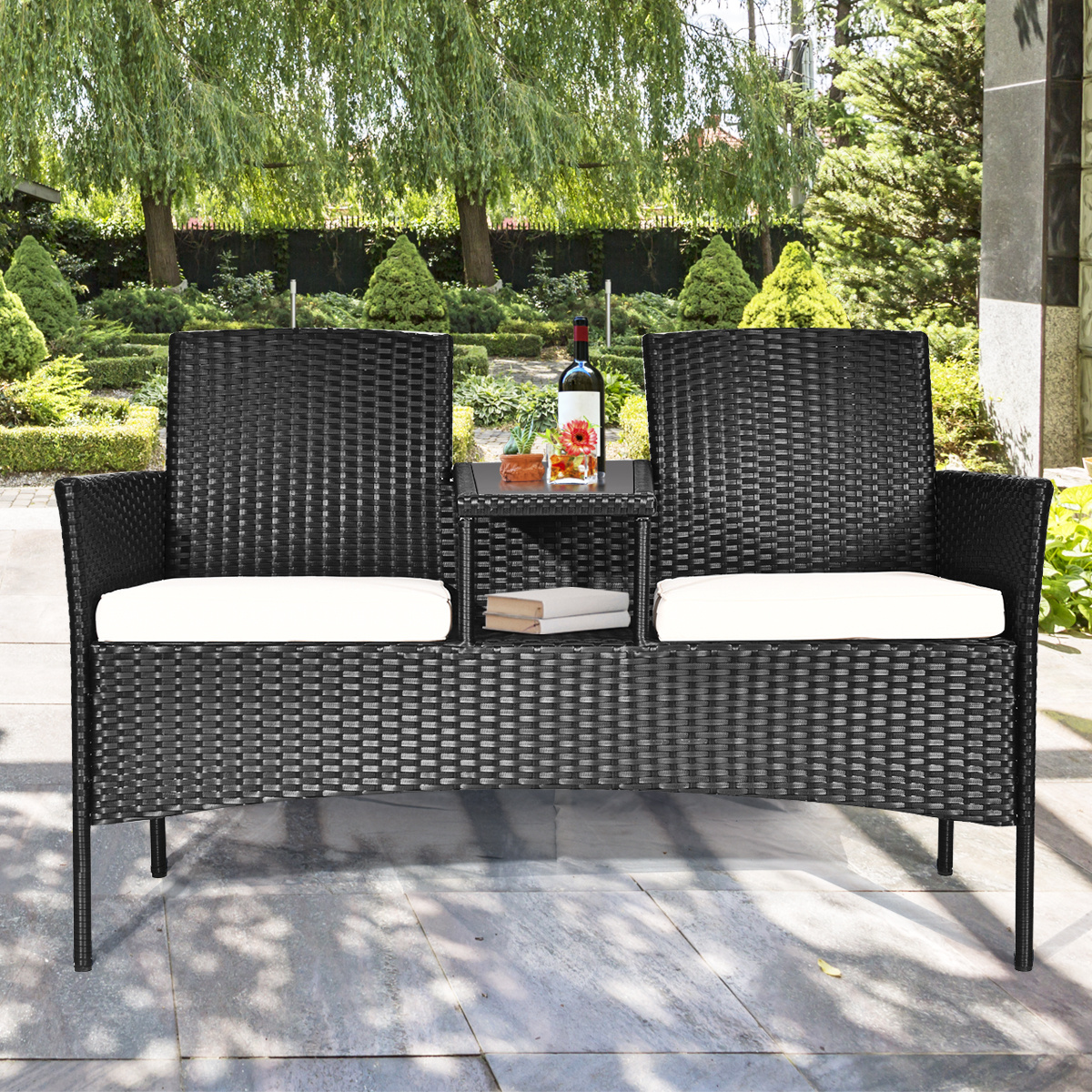 COSTWAY Patio Rattan Conversation Set Seat Sofa Cushioned Loveseat Chairs Turquoise/Red/White
