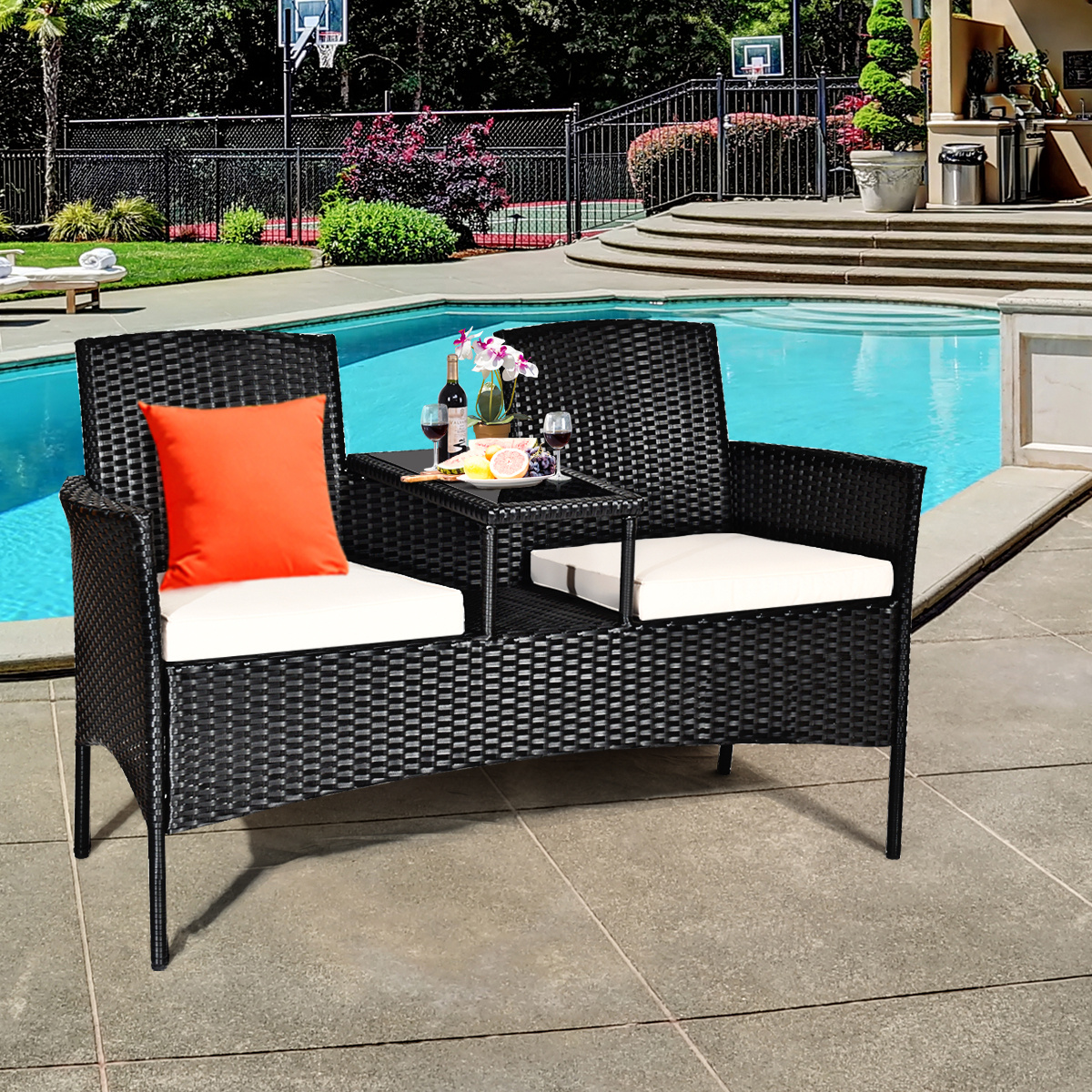 COSTWAY Patio Rattan Conversation Set Seat Sofa Cushioned Loveseat Chairs Turquoise/Red/White