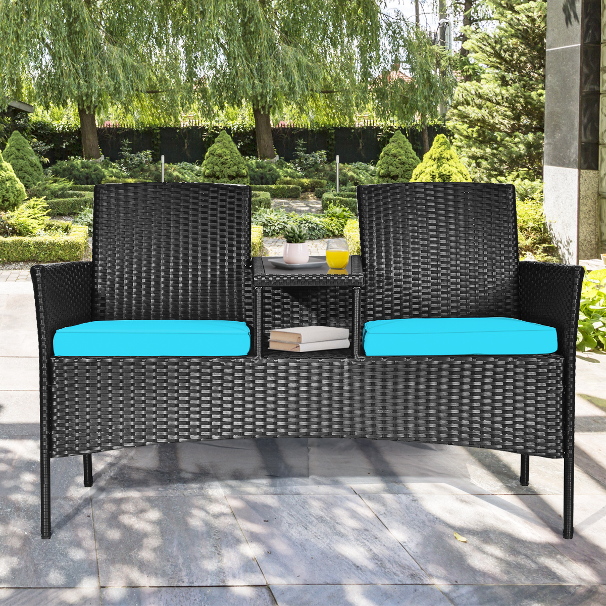 COSTWAY Patio Rattan Conversation Set Seat Sofa Cushioned Loveseat Chairs Turquoise/Red/White