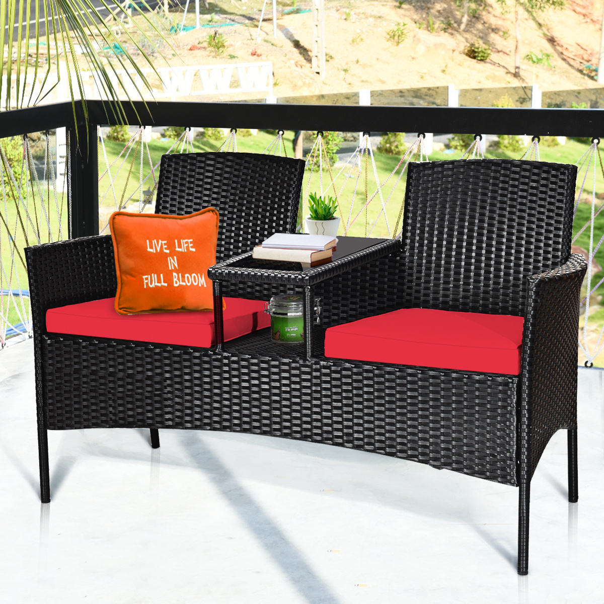 COSTWAY Patio Rattan Conversation Set Seat Sofa Cushioned Loveseat Chairs Turquoise/Red/White