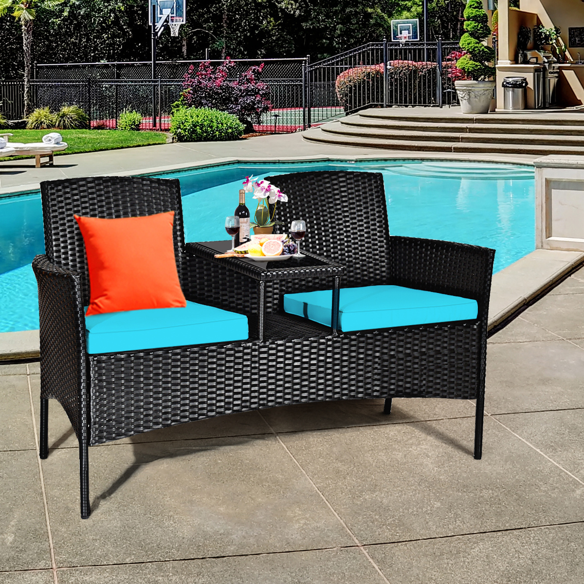 COSTWAY Patio Rattan Conversation Set Seat Sofa Cushioned Loveseat Chairs Turquoise/Red/White