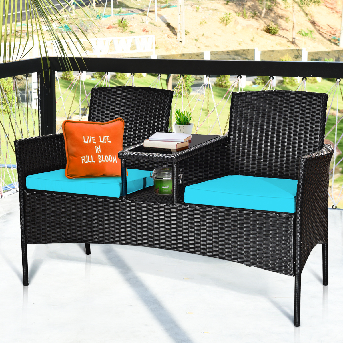 COSTWAY Patio Rattan Conversation Set Seat Sofa Cushioned Loveseat Chairs Turquoise/Red/White