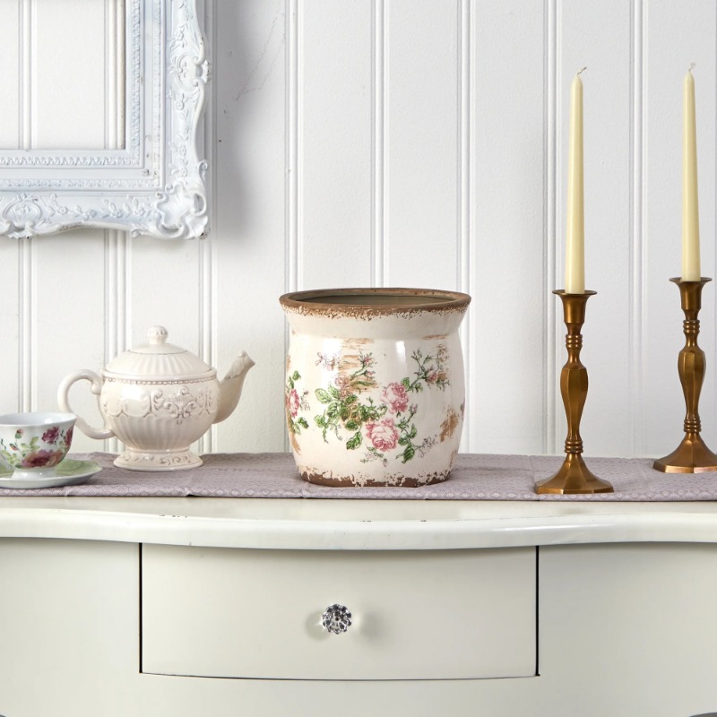 

8" Ceramic Floral Print Planter - Elegant And , Ideal For Indoor And Outdoor Decor