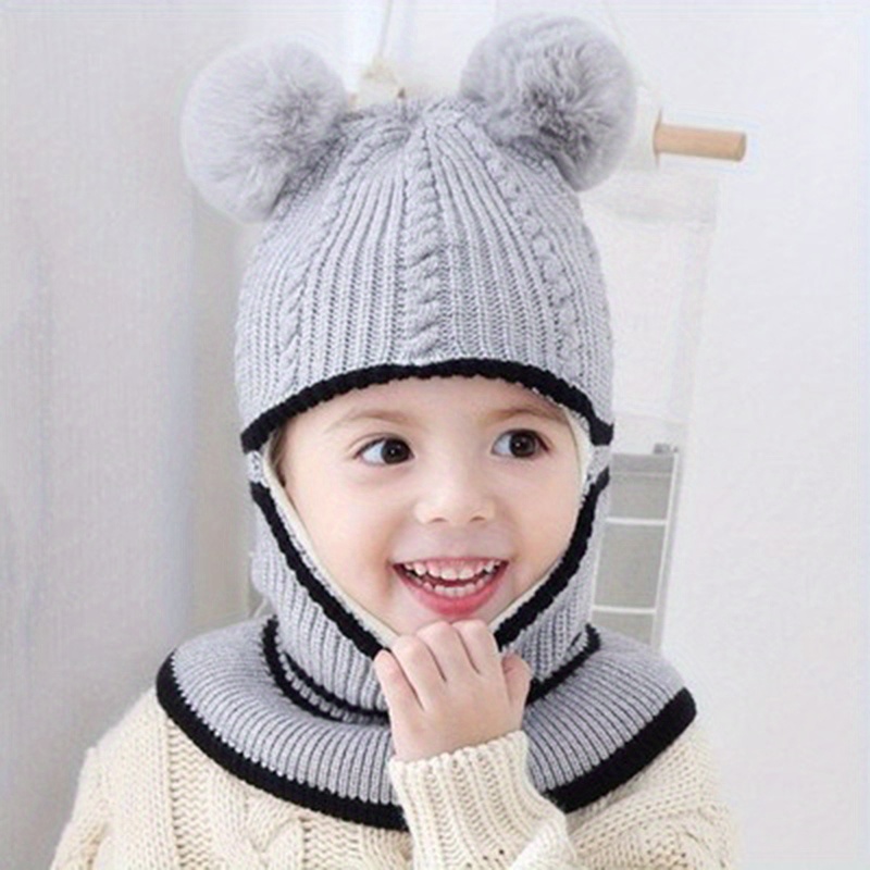 

1 Children's Pullover Sweater, Fluffy Ball Knitted Full Face Hat, Boys' And Girls' Knitted Winter Hats