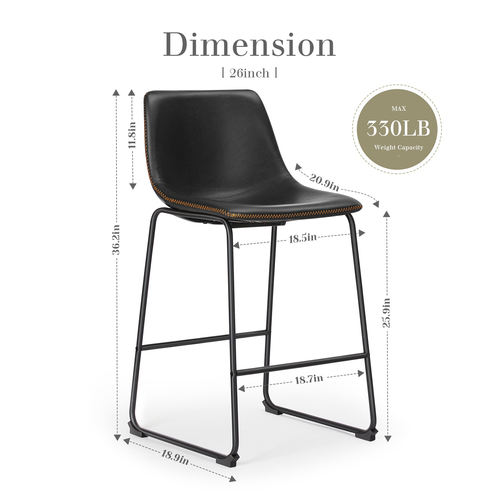 MCQ Counter Height Barstools with Leather Back, Matel Bar High Table Stool Chairs for Kitchen, Set of 2 26 inch/30 inch