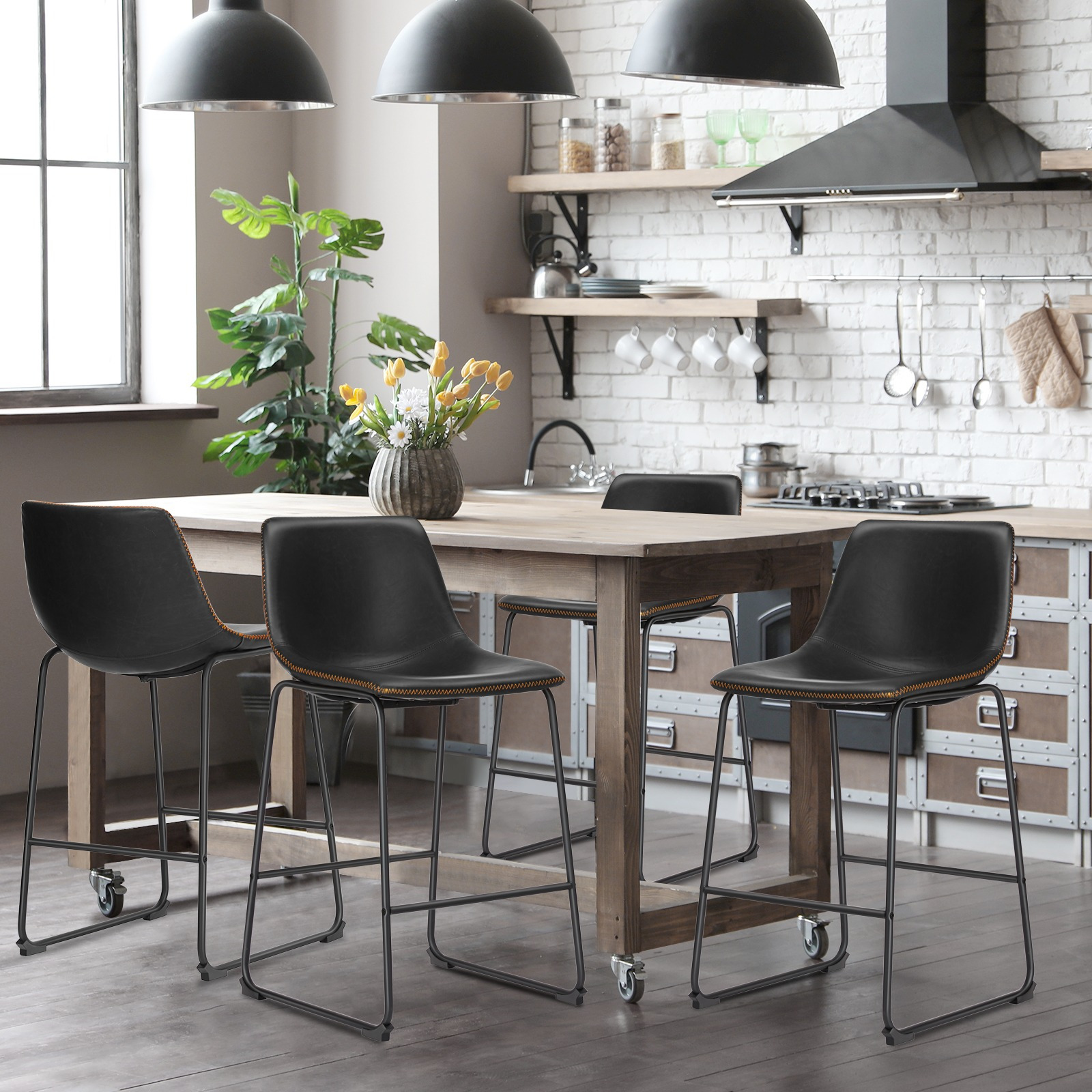 MCQ Counter Height Barstools with Leather Back, Matel Bar High Table Stool Chairs for Kitchen, Set of 2 26 inch/30 inch