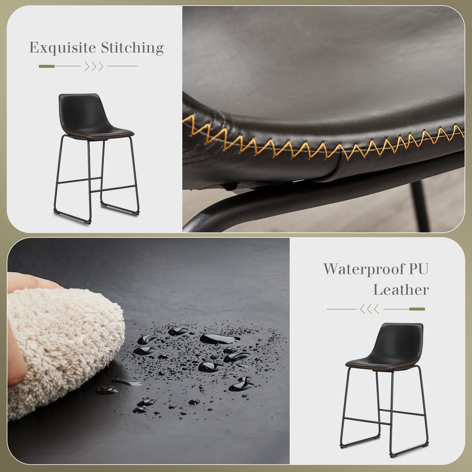 MCQ Counter Height Barstools with Leather Back, Matel Bar High Table Stool Chairs for Kitchen, Set of 2 26 inch/30 inch