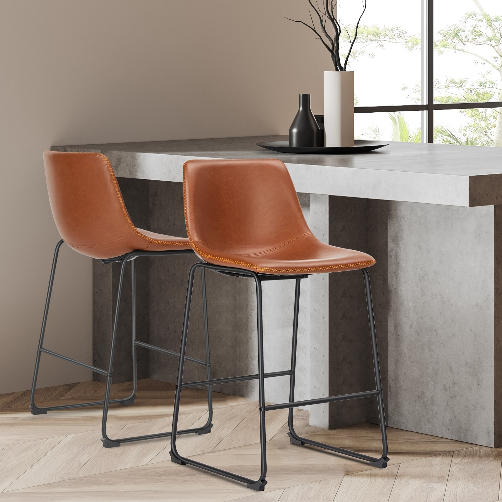 MCQ Counter Height Barstools with Leather Back, Matel Bar High Table Stool Chairs for Kitchen, Set of 2 26 inch/30 inch
