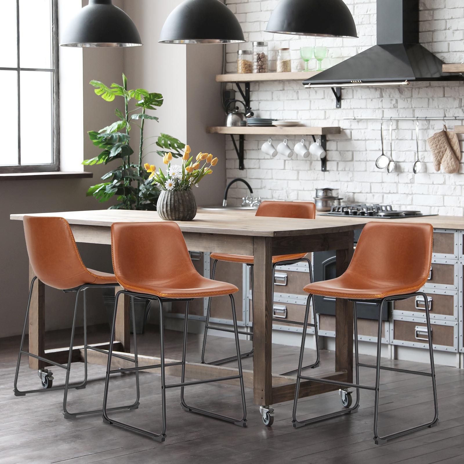 MCQ Counter Height Barstools with Leather Back, Matel Bar High Table Stool Chairs for Kitchen, Set of 2 26 inch/30 inch