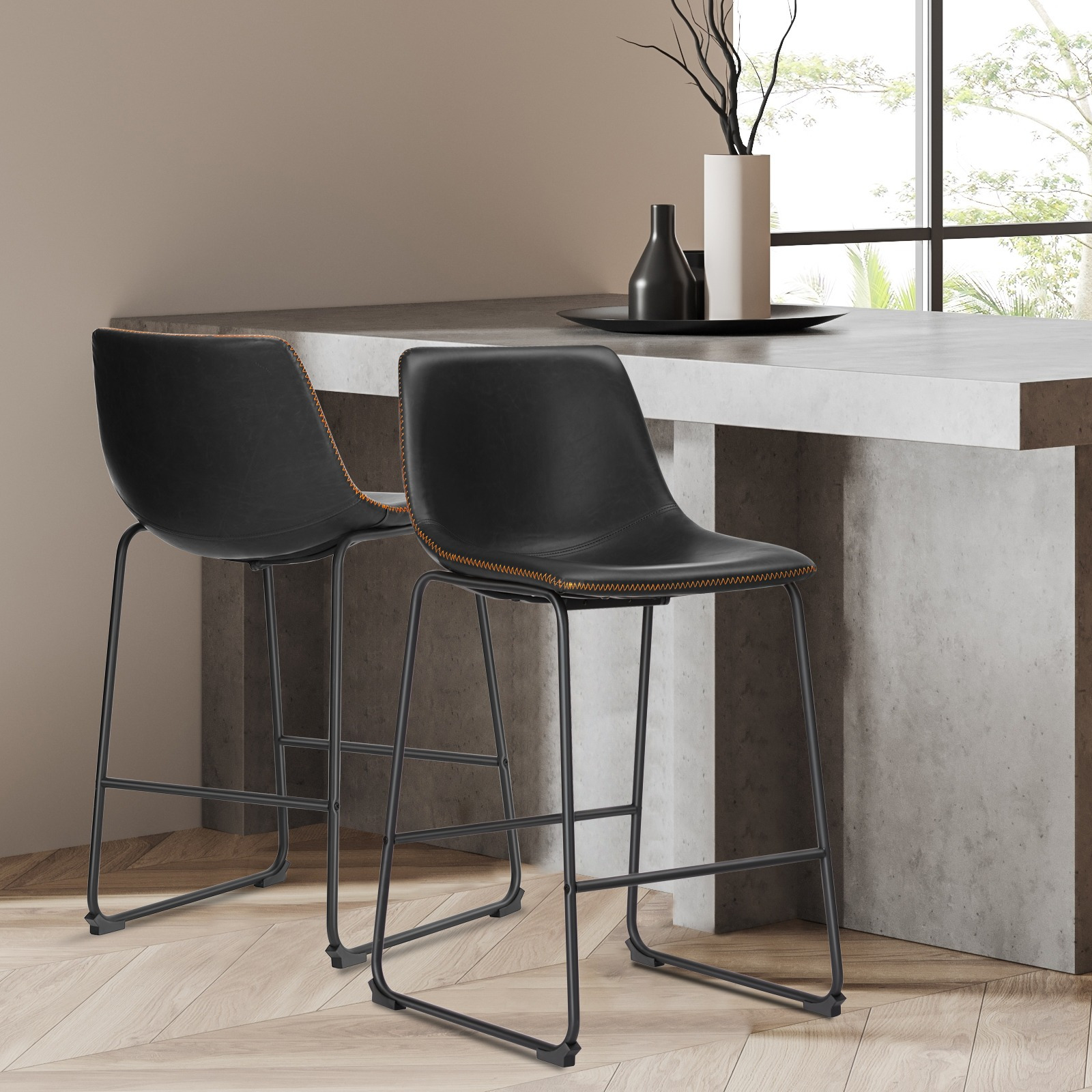 MCQ Counter Height Barstools with Leather Back, Matel Bar High Table Stool Chairs for Kitchen, Set of 2 26 inch/30 inch