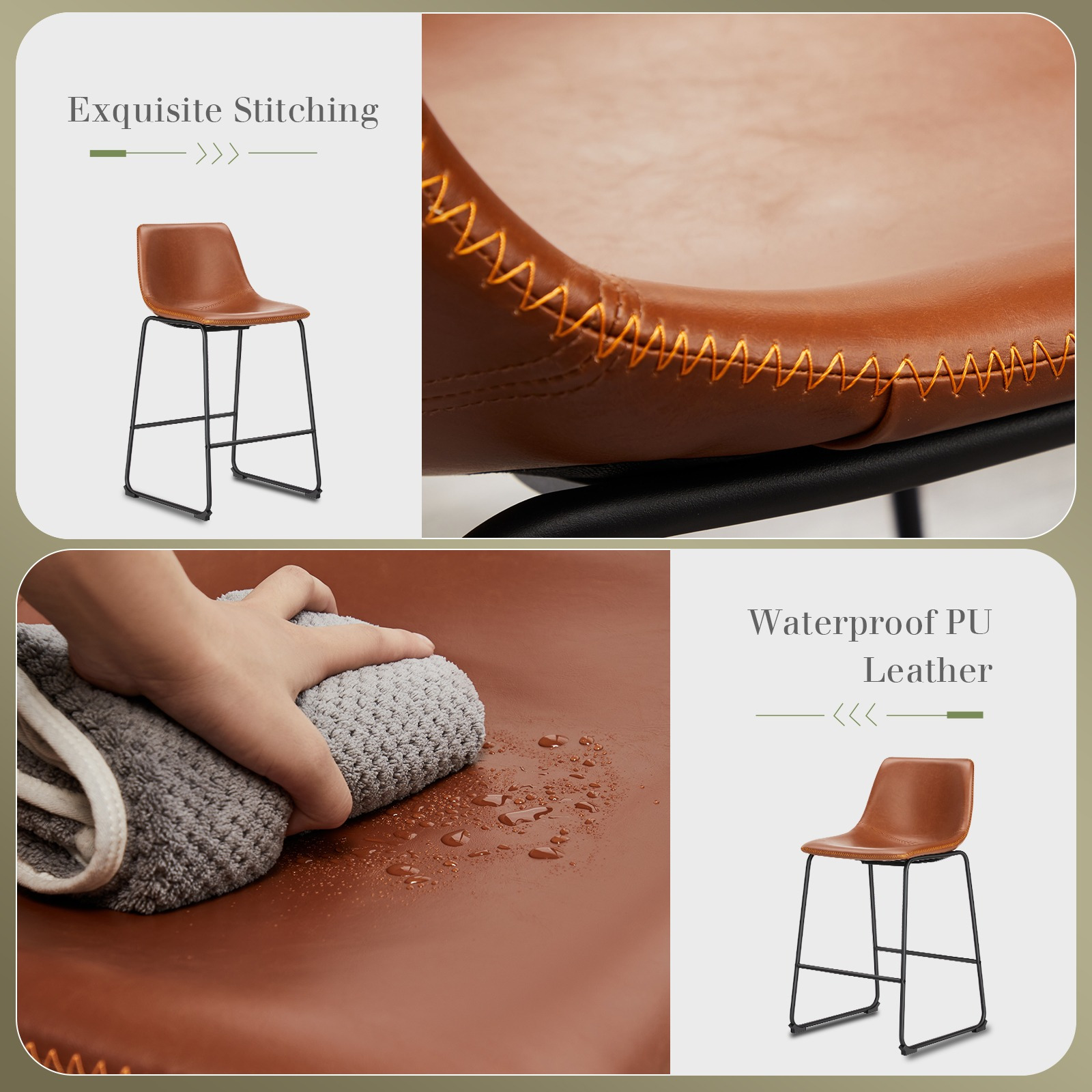 MCQ Counter Height Barstools with Leather Back, Matel Bar High Table Stool Chairs for Kitchen, Set of 2 26 inch/30 inch