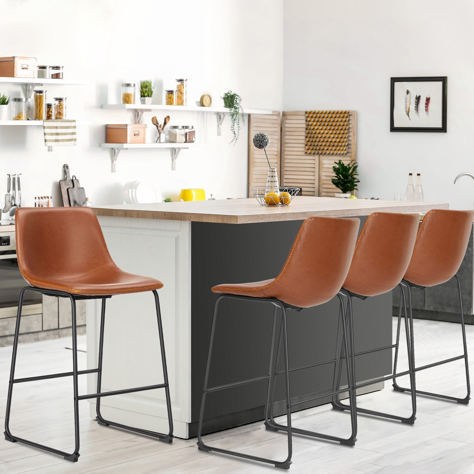 MCQ Counter Height Barstools with Leather Back, Matel Bar High Table Stool Chairs for Kitchen, Set of 2 26 inch/30 inch