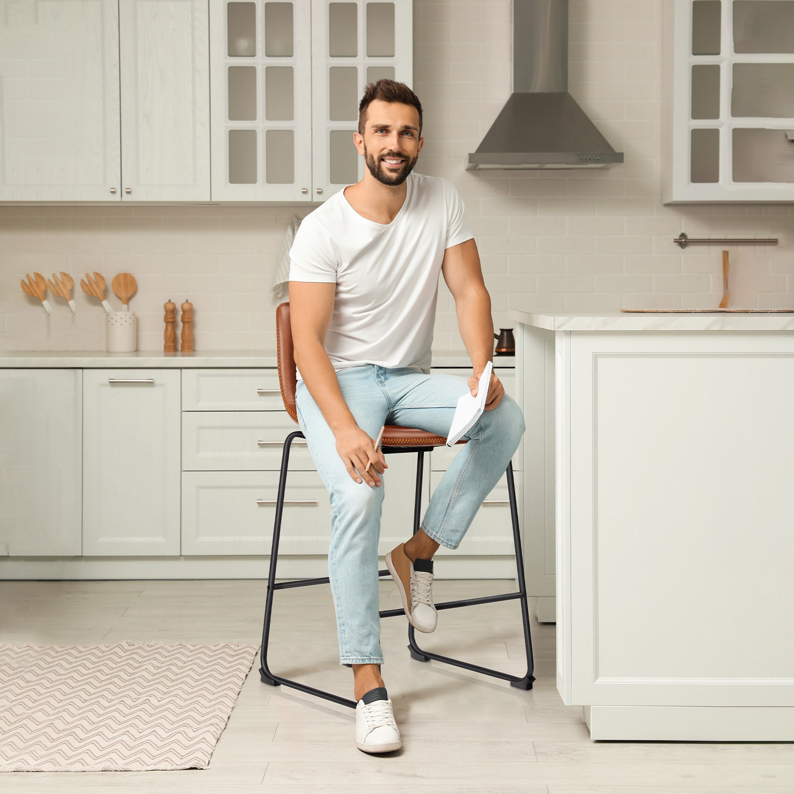 MCQ Counter Height Barstools with Leather Back, Matel Bar High Table Stool Chairs for Kitchen, Set of 2 26 inch/30 inch