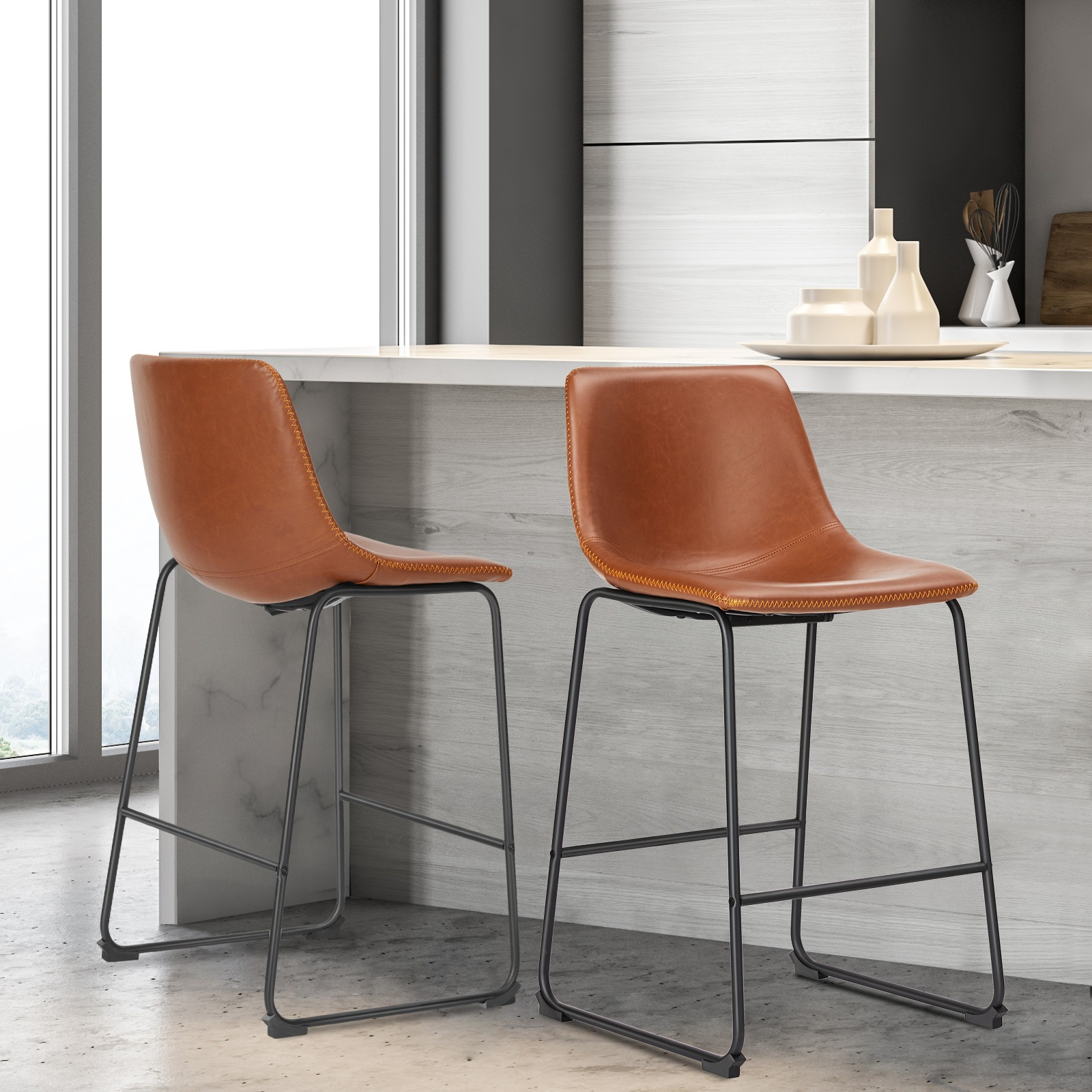 MCQ Counter Height Barstools with Leather Back, Matel Bar High Table Stool Chairs for Kitchen, Set of 2 26 inch/30 inch