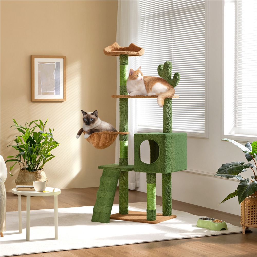 

59.5in Cat Tree Cactus-design Cat Tree Tower For Indoor Cats, Large Cat Condo Multi-level Scratching Post, Cat Climbing Tree With Basket, Platform, Green