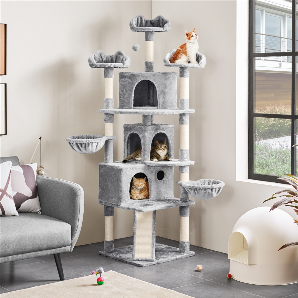 TEMU 76.5in Large Cat Tree, Cat Tower With 3 Condos & With Ball, 9 Scratching Posts, 2 Baskets And Ramp Board, Cozy Activity Center For Cats, Light Gray/