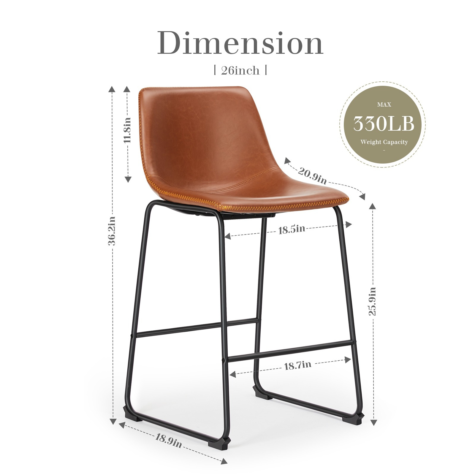 MCQ Counter Height Barstools with Leather Back, Matel Bar High Table Stool Chairs for Kitchen, Set of 2 26 inch/30 inch
